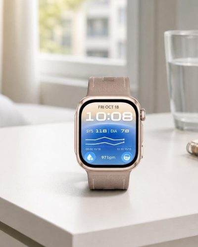Смарт-часы Huawei Watch D3 на светлом столе в утренней квартире