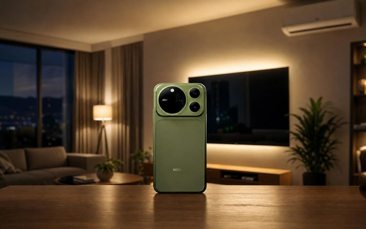 Смартфон Honor Magic 9 Pro Max на фоне гостиной с телевизором и кондиционером
