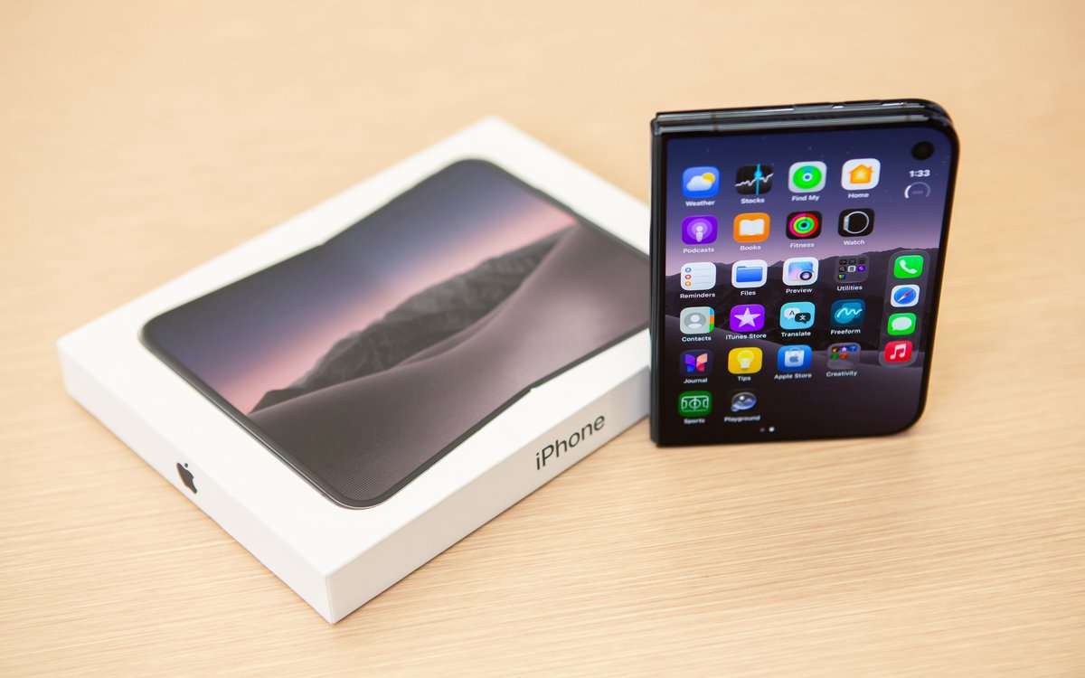 Складной iPhone Duo рядом с коробкой на светлом деревянном столе