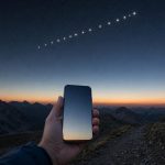 Смартфон в руке на горной тропе, над ним в небе цепочка спутников